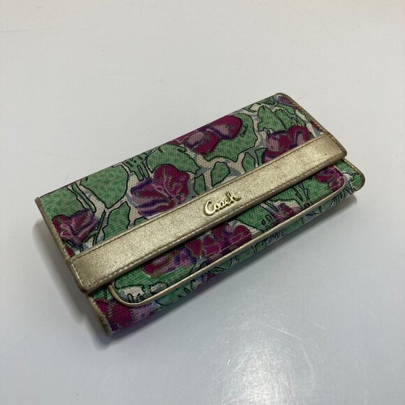 Vintage Coach Rare Ashley Floral Iris Tri-Fold Wallet Canvas and Leather Gold - Picture 1 of 12
